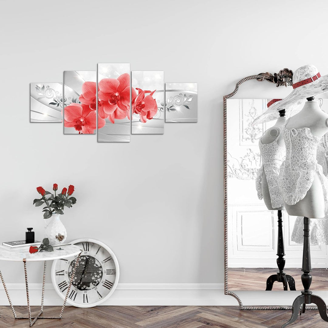Runa Art Wandbilder Blumen Orchidee 5 Teilig Bild auf Vlies Leinwand Deko Wohnzimmer Silber Rot 2107
