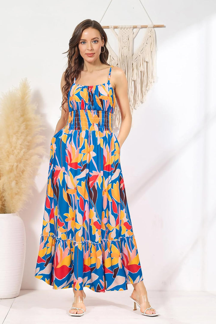 GRACE KARIN Damen Ärmellos Blumenkleid Maxikleid Casual Cami-Kleid Böhmisch Kleid Spaghettiträger Sm