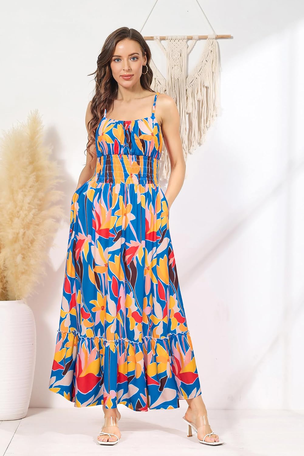 GRACE KARIN Damen Ärmellos Blumenkleid Maxikleid Casual Cami-Kleid Böhmisch Kleid Spaghettiträger Sm