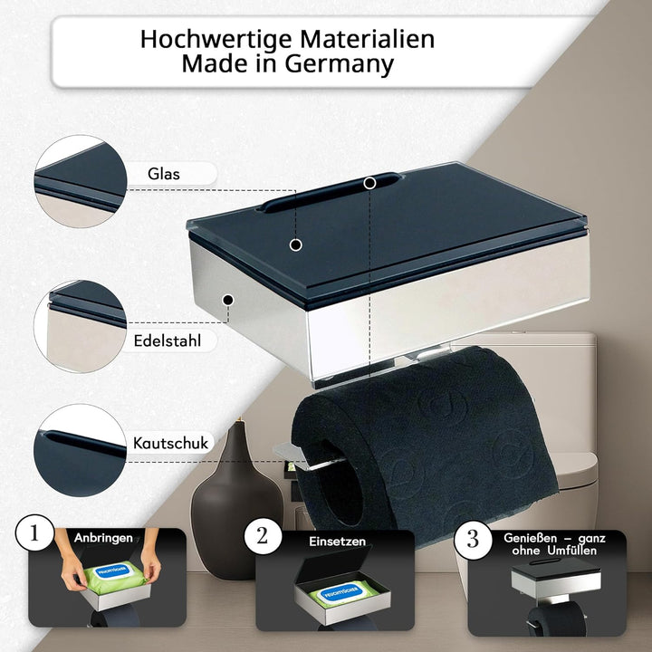 Toilettenpapierhalter mit Feuchttücherbox - Gehäuse Poliert & Abdeckung Glas Schwarz- befüllbar von