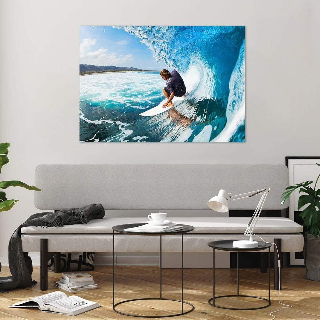 Bilder auf Glas 100x70cm Glasbild Surfen Surfer Ozean Welle Gross Wanddeko Bild im Glas Schlafzimmer