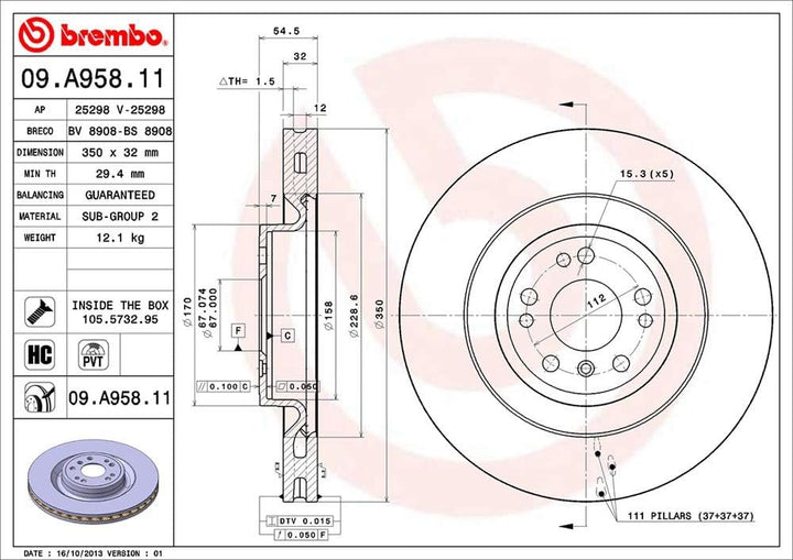 Brembo 09.A190.13 - Hintere/Vordere Bremsscheibe mit UV-Lackierung