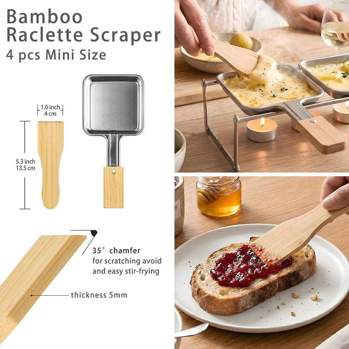 4er Set Edelstahl quadratische Raclette-Käsepfannen mit verlängertem Griff &amp; Bambusgriff, 4 Bambussp