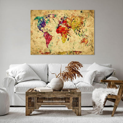 Bilder auf Leinwand 100x70cm Leinwandbild mit Rahmen Karte Welt modern Gross Wanddeko Bild Schlafzim