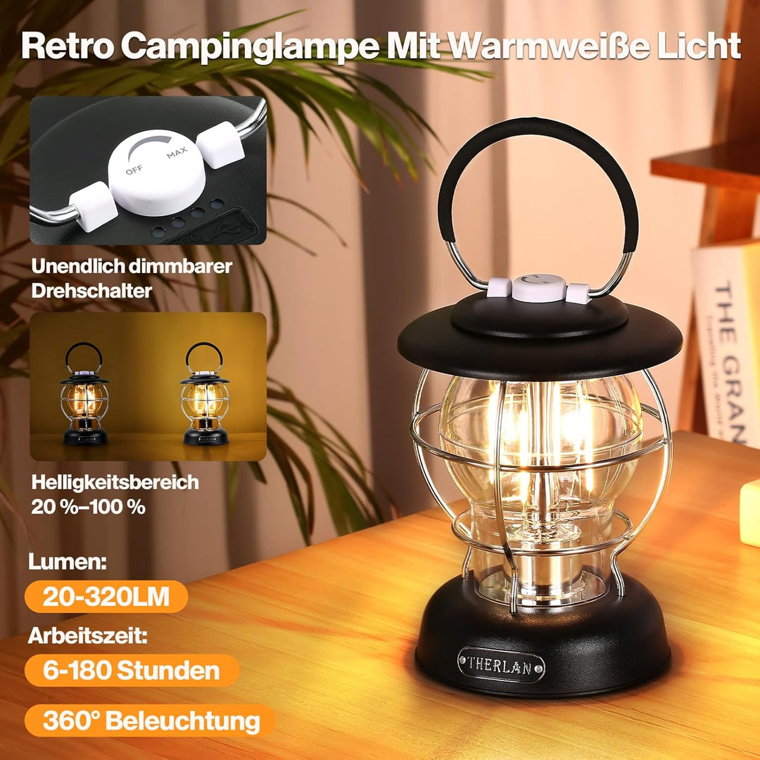 Therlan campinglampe, Retro Camping Laterne, (320LM, IP44, 5000mAh, bis zu 180h) 3 Helligkeiten Leuc