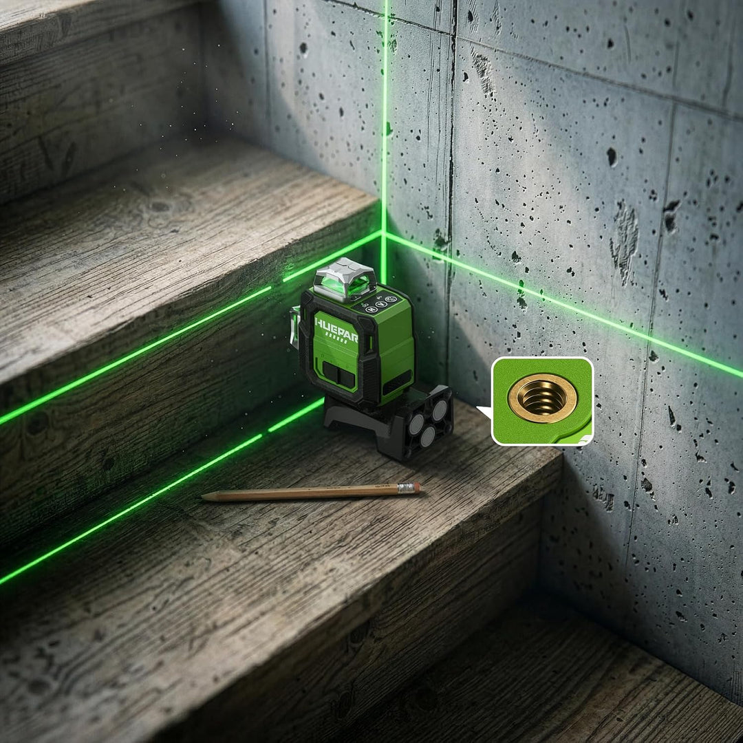 Huepar Kreuzlinienlaser 360 grün, Kompakt wiederaufladbar Laser Wasserwaage selbstnivellierendend 3x