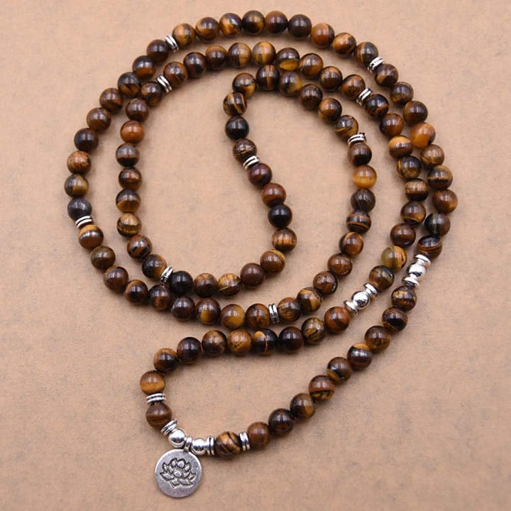 108 Naturperlen Mala Yoga Armband mit Lotus Charm Braunes Tigerauge (Brown Tiger Eye), Braunes Tiger