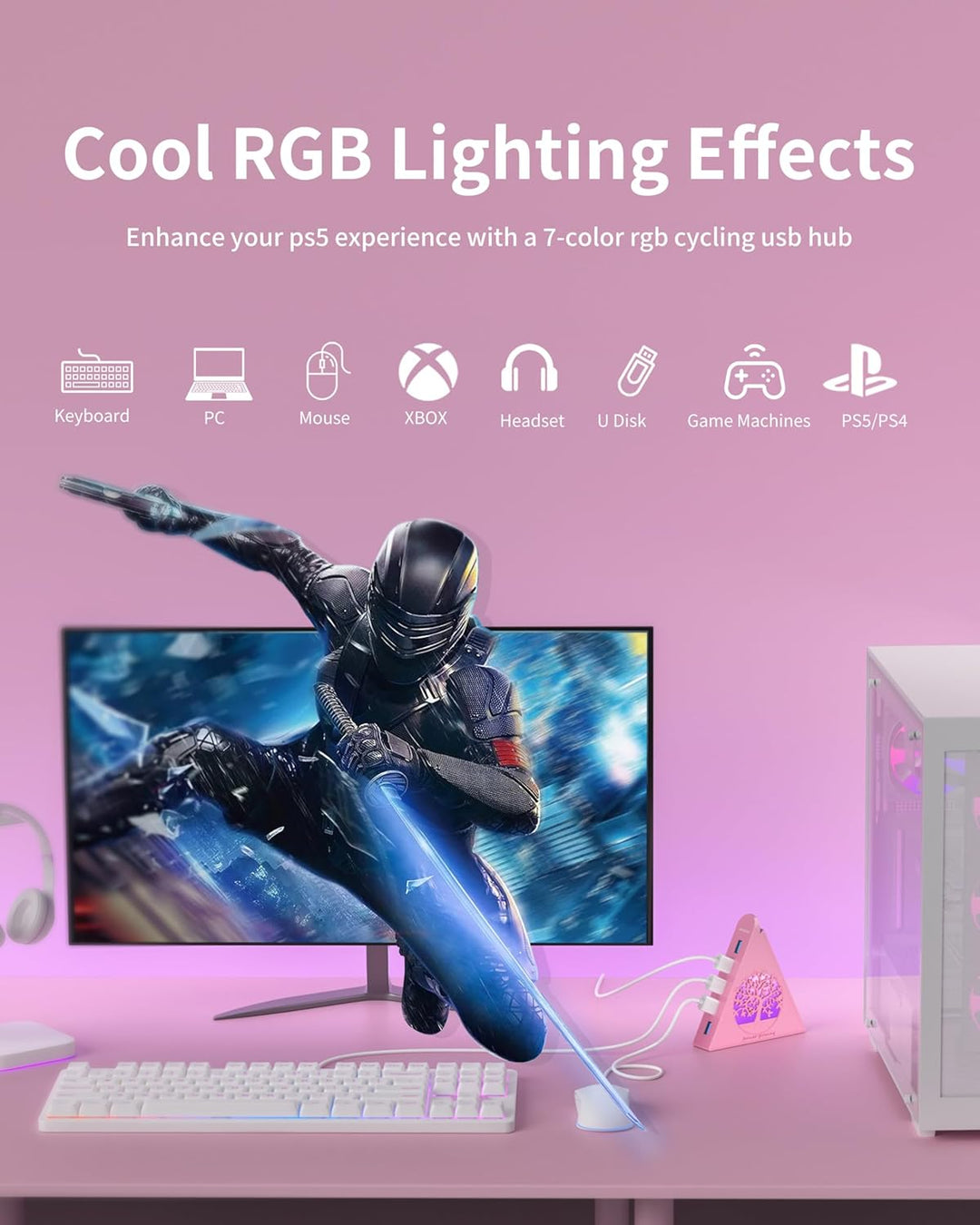 7-Port USB 3.0 Hub, RGB USB Hub mit RGB Baumlicht und 0,6m Kabel, USB Hub 3.0 Rosa USB Expander für