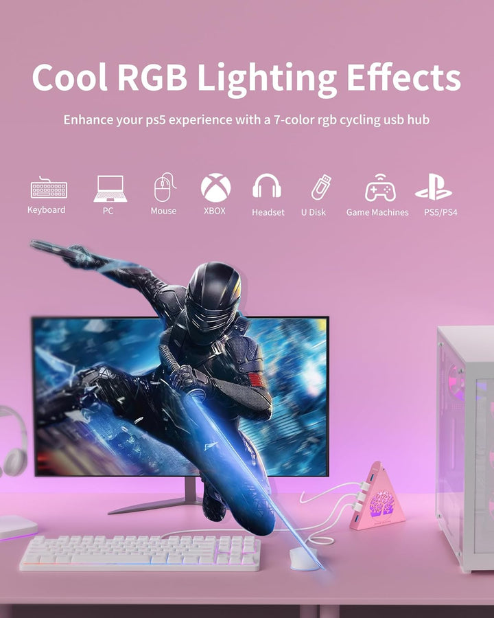 7-Port USB 3.0 Hub, RGB USB Hub mit RGB Baumlicht und 0,6m Kabel, USB Hub 3.0 Rosa USB Expander für