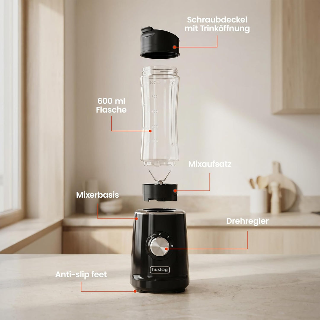 BlendGo Blender Smoothie-mixer, Trinkflasche 600 Ml, Schwarz Schwarz HUS1012, Schwarz HUS1012