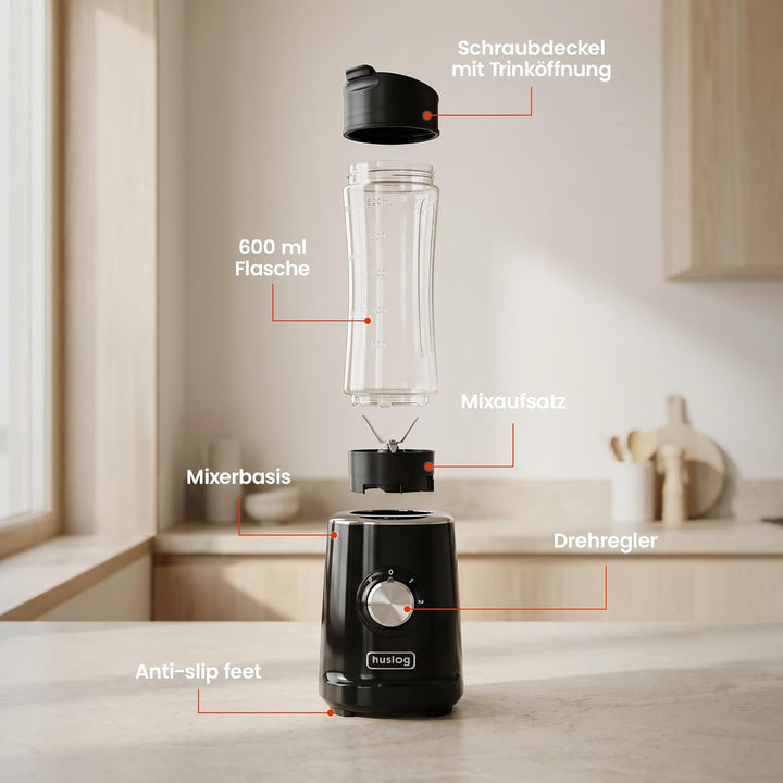 BlendGo Blender Smoothie-mixer, Trinkflasche 600 Ml, Schwarz Schwarz HUS1012, Schwarz HUS1012