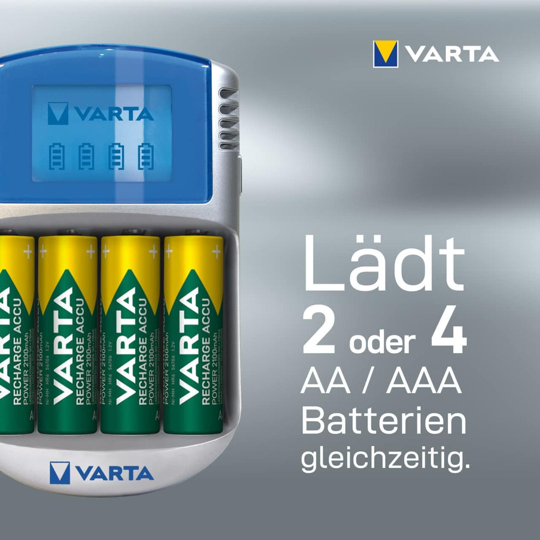 VARTA Akku Ladegerät, inkl. 4X AA 2600mAh, Batterieladegerät für wiederaufladbare AA/AAA, LCD Charge