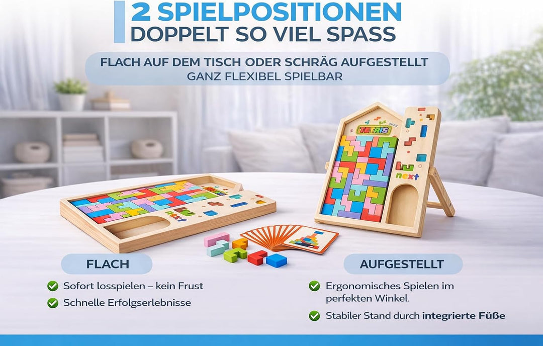 Tetris Holzpuzzle inklusive 10 doppelseitig gedrückte Karten zum Nachmachen– Stapelsteine - Montesso