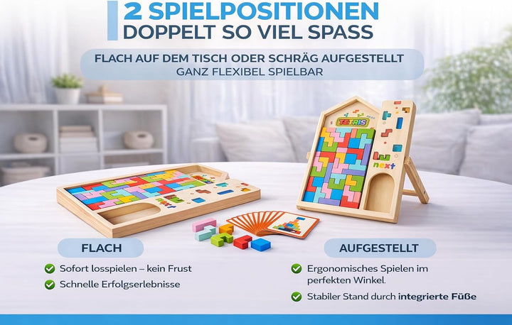 Tetris Holzpuzzle inklusive 10 doppelseitig gedrückte Karten zum Nachmachen– Stapelsteine - Montesso