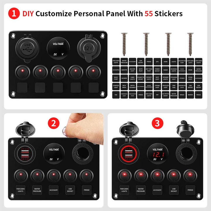 KAOLALI Schaltpanel 12V/24V Kippschalter 5 Gang IP65Wasserdicht + 4.2A Dual USB Ladegerät + Zigarett