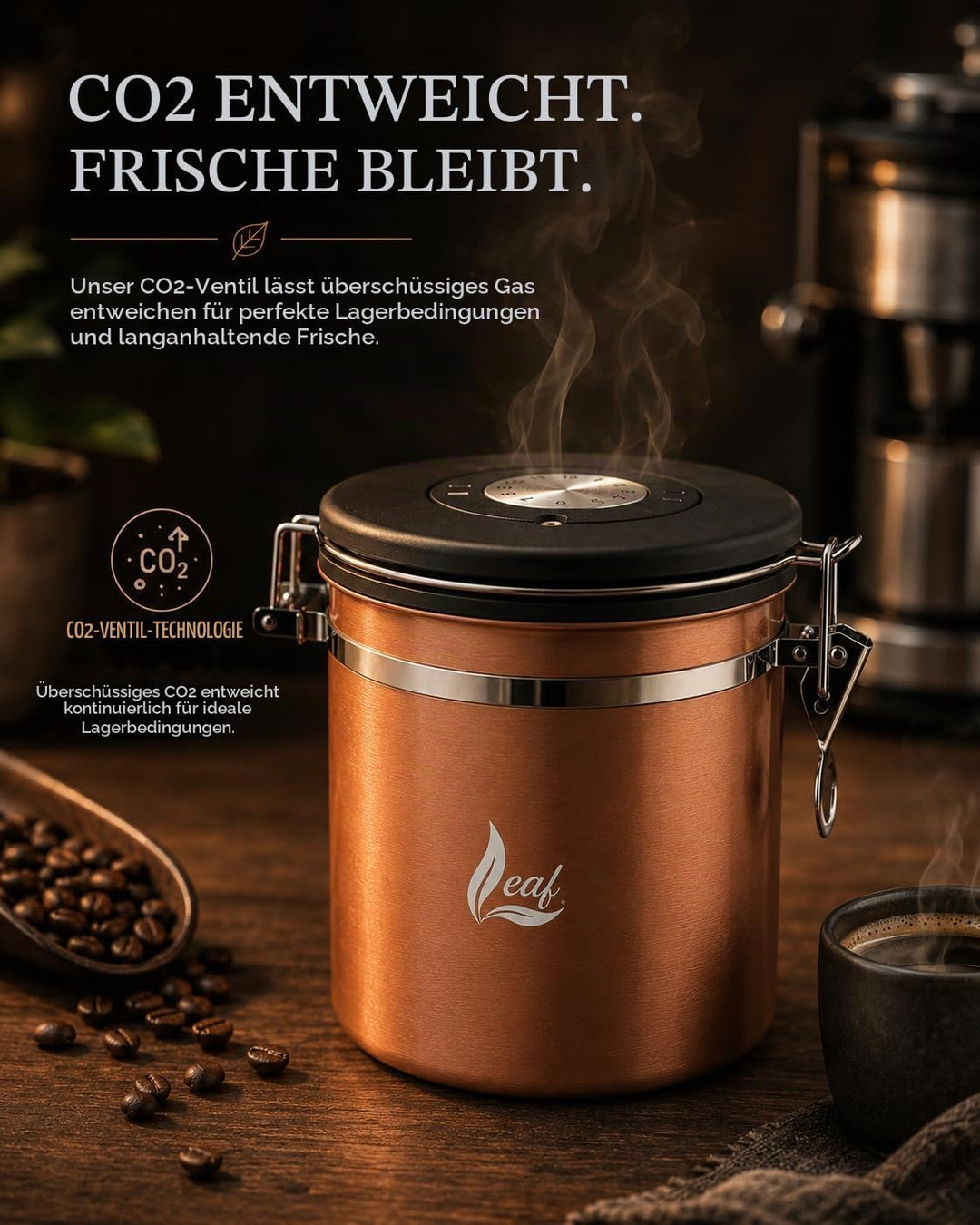Leaf Kaffeedose luftdicht Edelstahl 1500 ml – mit CO₂ Ventil für längere Frische &amp; weniger Aromaverl