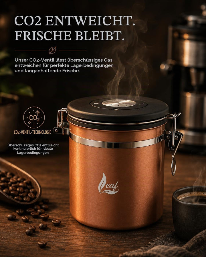 Leaf Kaffeedose luftdicht Edelstahl 1500 ml – mit CO₂ Ventil für längere Frische &amp; weniger Aromaverl