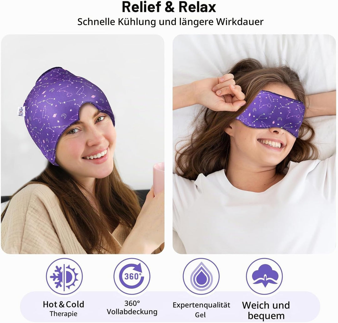 2 Stück Migräne Maske und Augenmaske Kühlend, Migräne Kühlmaske, Migraine Relief Cap, Kopfschmerzen