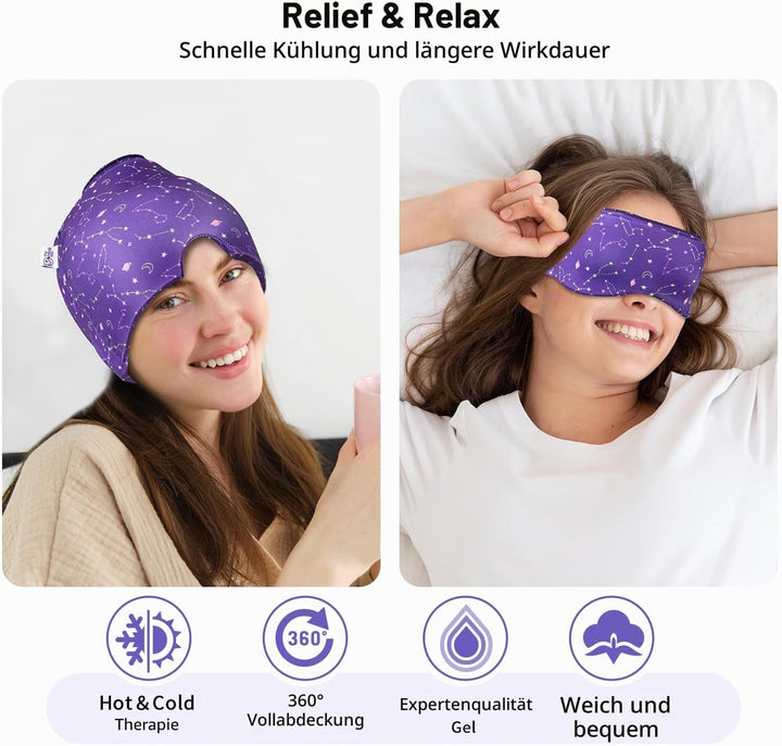 2 Stück Migräne Maske und Augenmaske Kühlend, Migräne Kühlmaske, Migraine Relief Cap, Kopfschmerzen