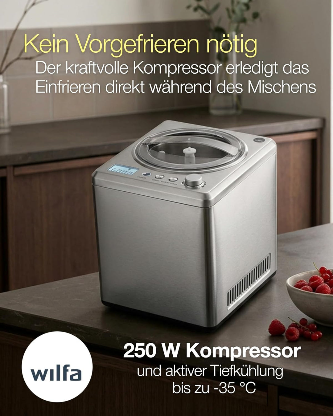Wilfa VANILLA Eismaschine - 2,5 Liter - selbstkühlender Kompressor 250W - Timer-Funktion - Kühlhalte