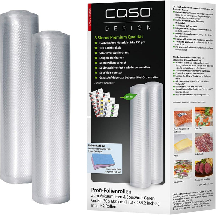 CASO DESIGN 4 Profi-Folienrollen, 30 x 600 cm, für Balken-Vakuumierer