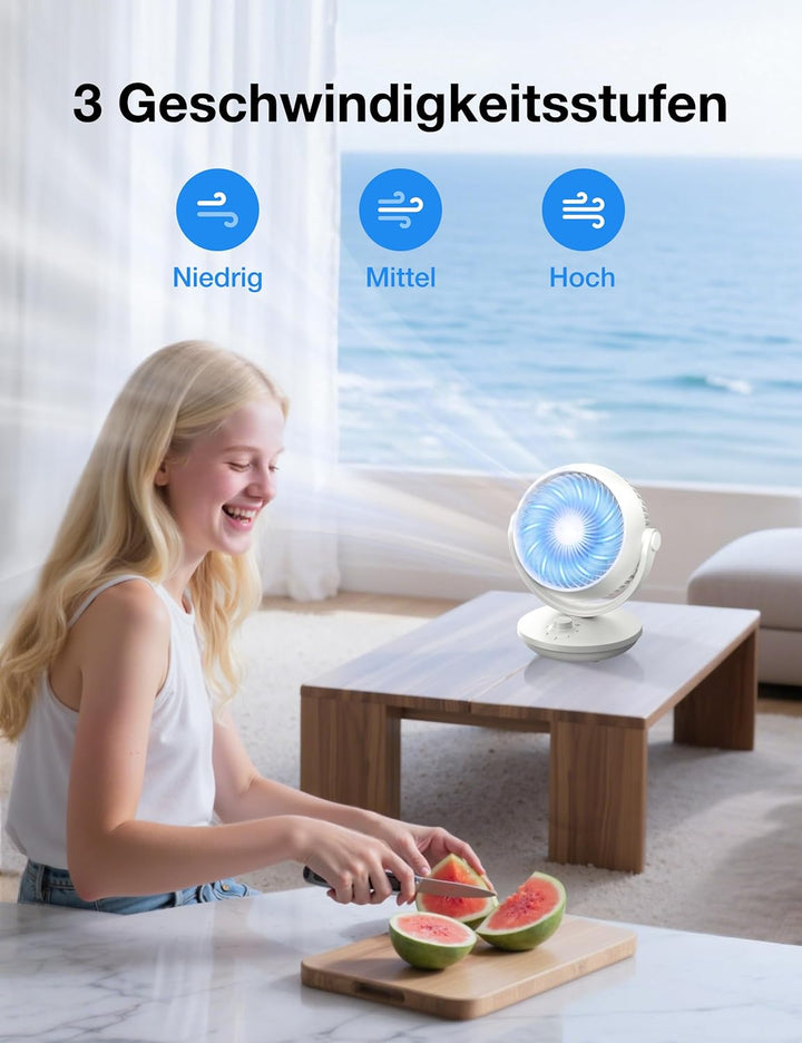 Acoolir Ventilator Leise, 24dB Ultra Powerful Tischventilator, 100° & 70° Oszillation, 3 Geschwindig