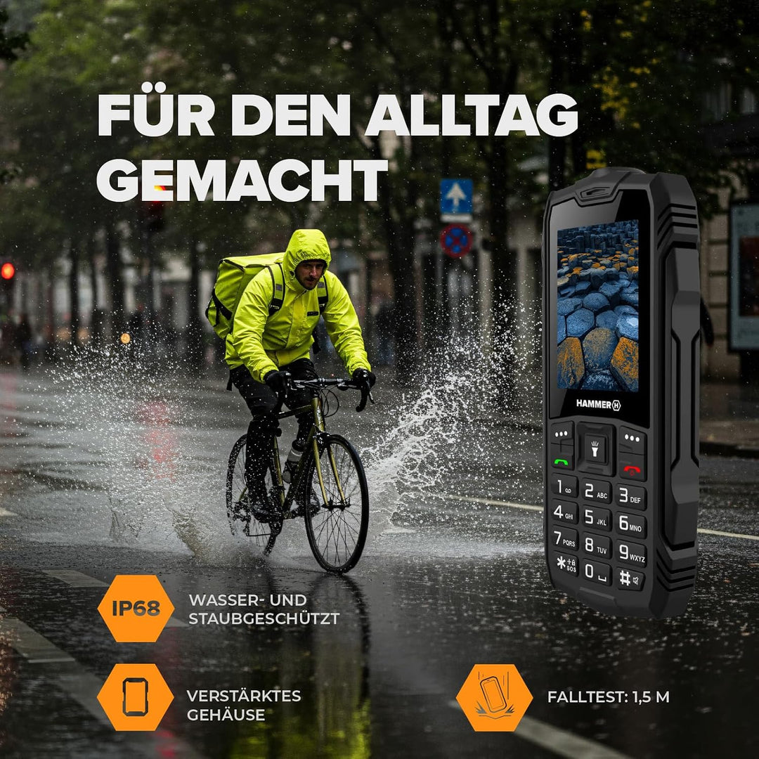 Hammer H Basalt Outdoor Handy ohne Vertrag, 2.4 Zoll Farbdisplay, Robust, Mega Batterie 1800 mAh, Wa