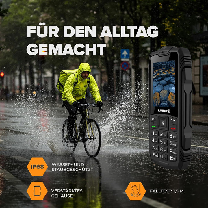 Hammer H Basalt Outdoor Handy ohne Vertrag, 2.4 Zoll Farbdisplay, Robust, Mega Batterie 1800 mAh, Wa