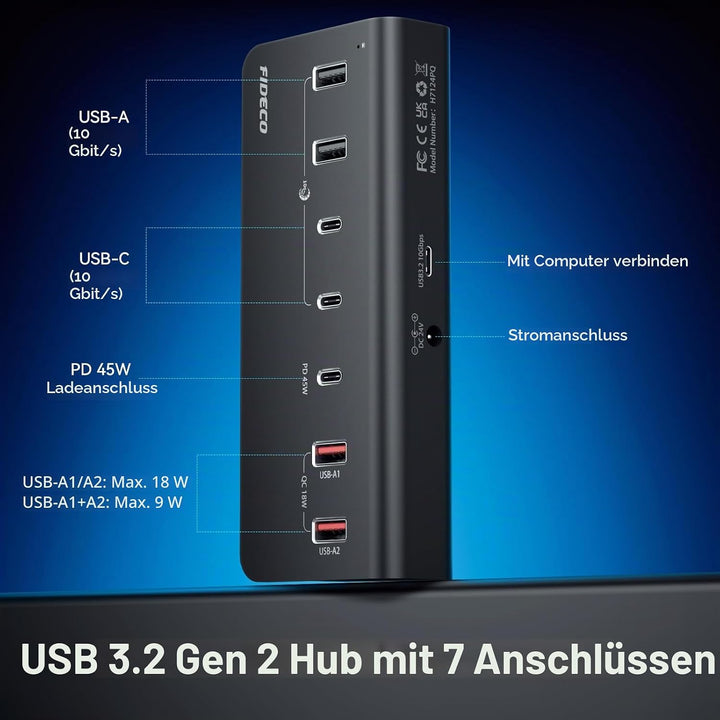 FIDECO 7-Ports 72W USB Hub mit Netzteil, USB Hub Aktiv mit 1 PD 45W, 2 QC 3.0 Charging Port und 4 US