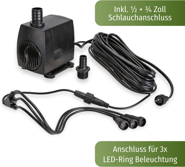CLGarden Springbrunnen Pumpe Set SP3-S für Zierbrunnen mit 3 Wasserausläufen 3er Ausgang LED Beleuch