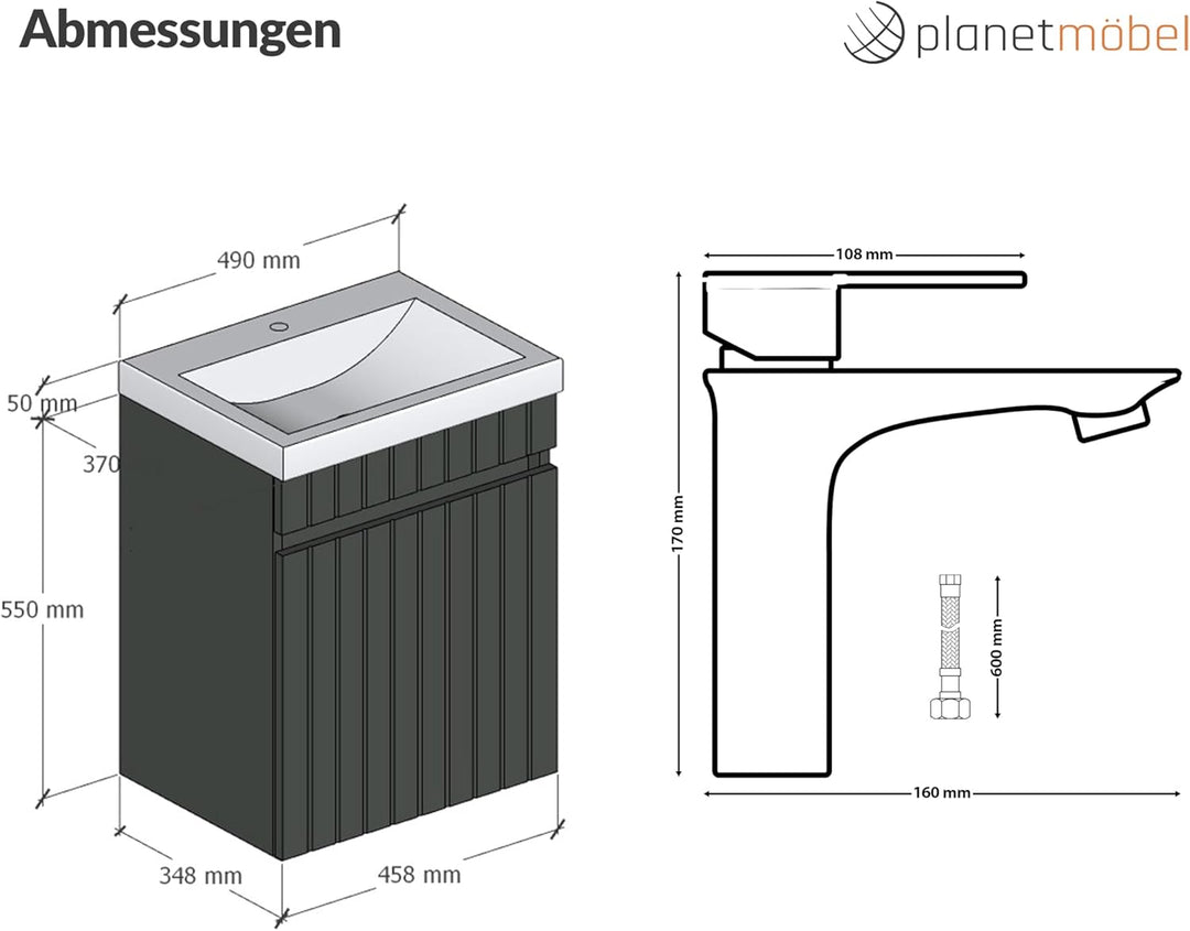 Planetmöbel Cosmia Badmöbel Set Waschtisch mit Unterschrank 50 x 60 x 35 cm Anthrazit, Armatur Badez