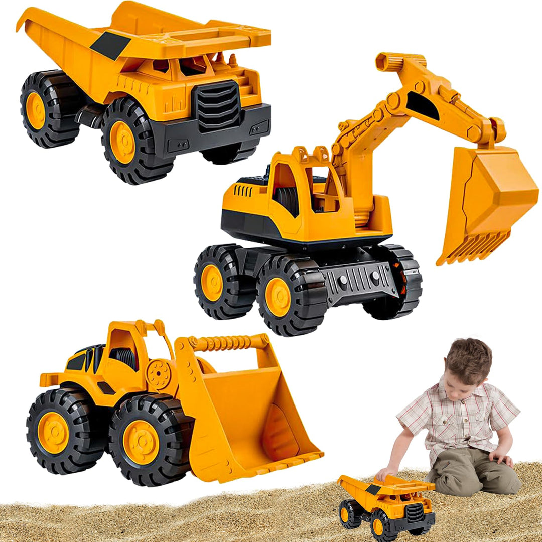 Bagger Spielzeug Kinder, 3er Set Sandspielzeug Bagger Sandkasten mit Bagger, Kipplaster & Radlader,