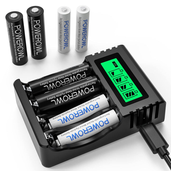 POWEROWL Akku Ladegerät mit 4 AA Akkus 2800mAh + 4 AAA Akkus 1000mAh - Akkuladegerät für NI-MH Wiede