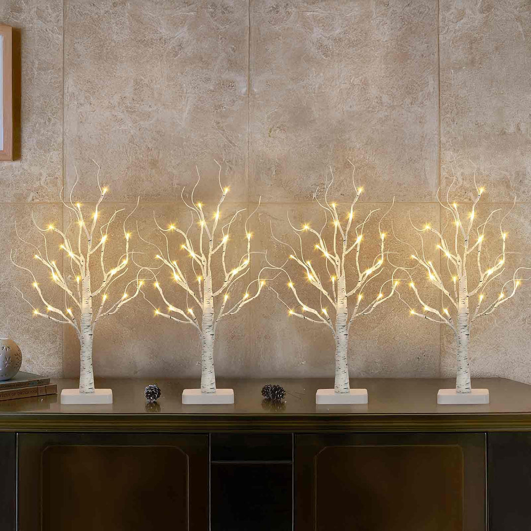 4er Set Lichterbaum mit 24 Warmweissen LEDs Birken Bäumchen mit Timer-Funktion Dekozweige Batteriebe