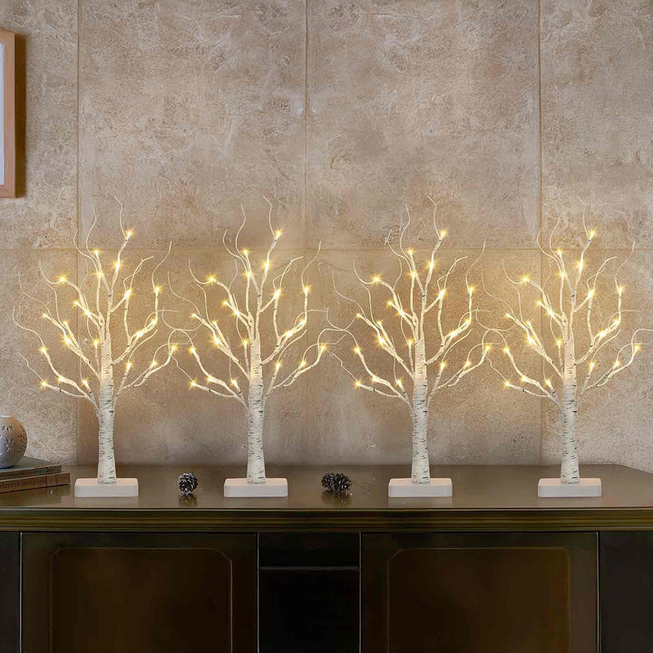 4er Set Lichterbaum mit 24 Warmweissen LEDs Birken Bäumchen mit Timer-Funktion Dekozweige Batteriebe
