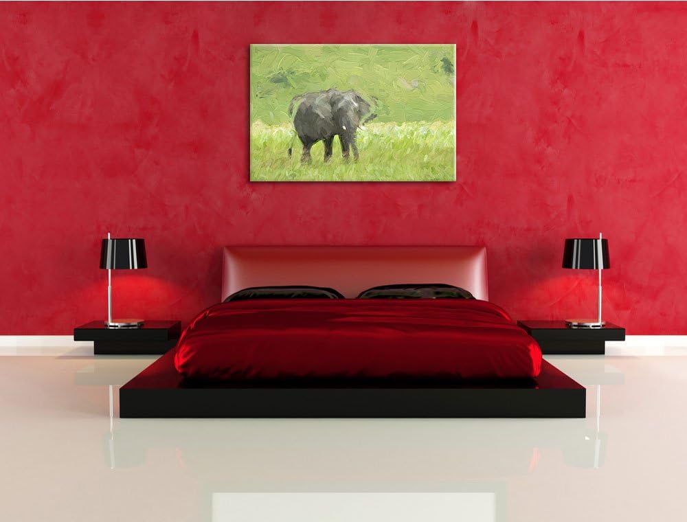gigantischer Elefant im Gras Spezial Format: 100x70 cm auf Leinwand, XXL riesige Bilder fertig gerah