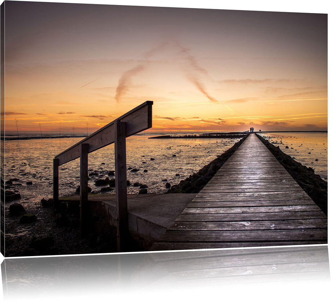 Pixxprint Langer Steg an der Nordsee / 100x70cm Leinwandbild bespannt auf Holzrahmen/Wandbild Kunstd