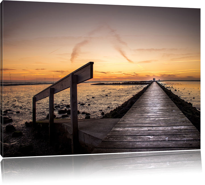 Pixxprint Langer Steg an der Nordsee / 100x70cm Leinwandbild bespannt auf Holzrahmen/Wandbild Kunstd