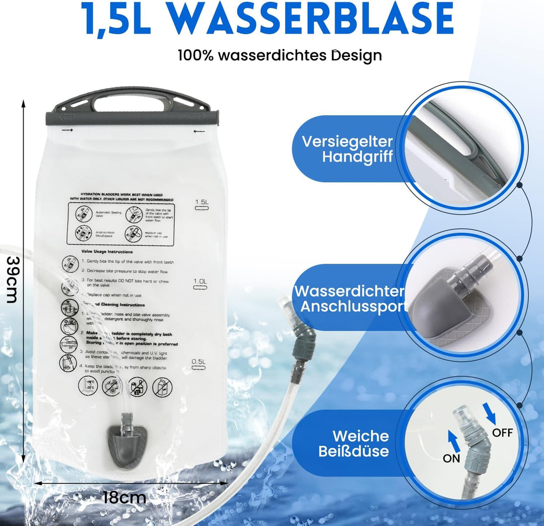 Laufweste mit Trinkblase 1,5L und Trinkflasche 500ml, Verstellbarer Ultra-Leichter Trinkrucksack für