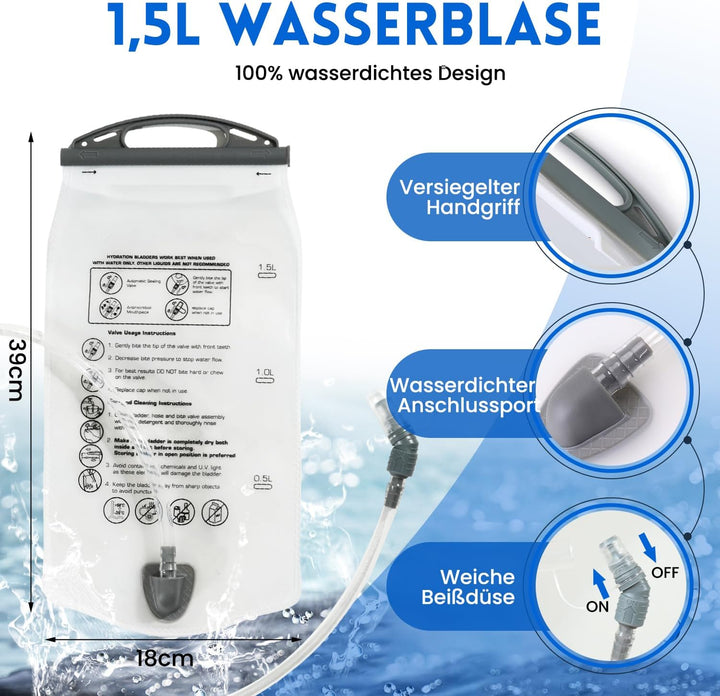 Laufweste mit Trinkblase 1,5L und Trinkflasche 500ml, Verstellbarer Ultra-Leichter Trinkrucksack für