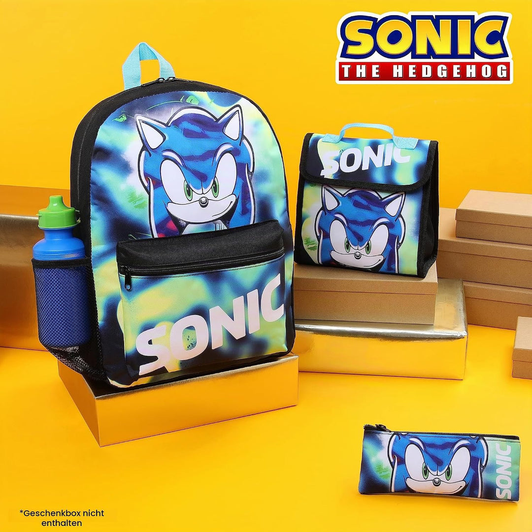 SONIC THE HEDGEHOG Schulrucksack Jungen Set, 4 STK. Rucksack Kinder Set Shadow Knuckles Trinkflasche