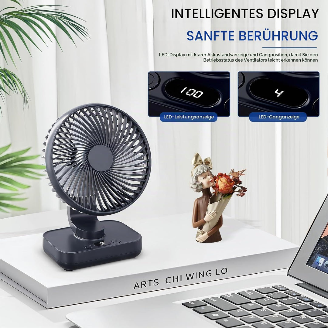 Mini Tischventilator Leiser, 120°Oszillation, 4 Geschwindigkeiten, USB Ventilator mit Akku 4000mAh,