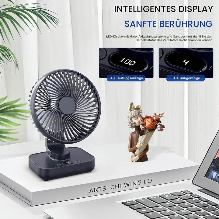 Mini Tischventilator Leiser, 120°Oszillation, 4 Geschwindigkeiten, USB Ventilator mit Akku 4000mAh,