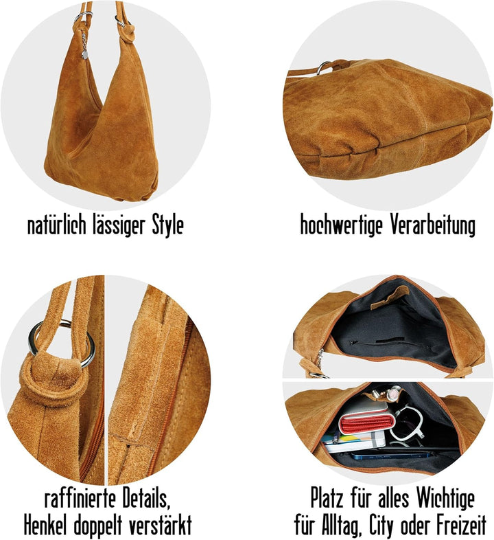 Caspar TL617 grosse Damen Vintage Veloursleder Tasche Camel, Camel