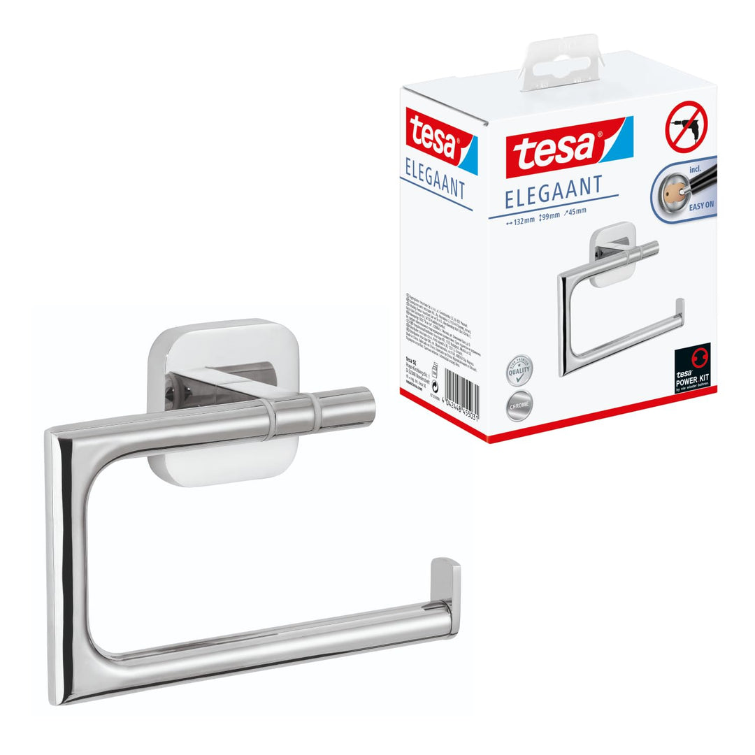 tesa ELEGAANT Toilettenpapierhalter ohne Deckel, verchromt - zur Wandbefestigung ohne Bohren, inkl.