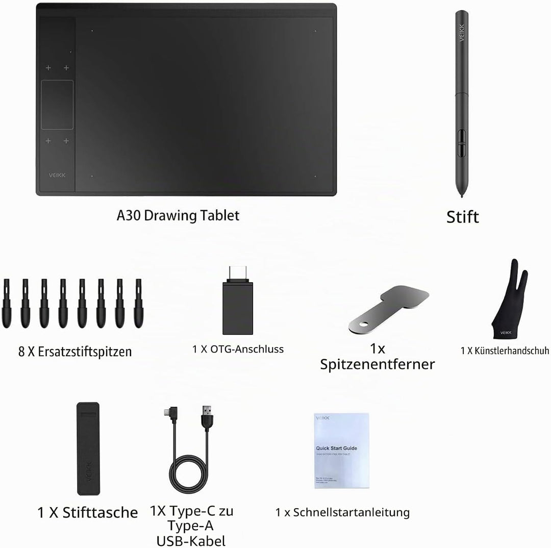Grafiktablett VEIKK A30 V2 mit 4 Sensortasten und einem Gestenpad, 10x6 Zoll Pen Tablet mit Batterie