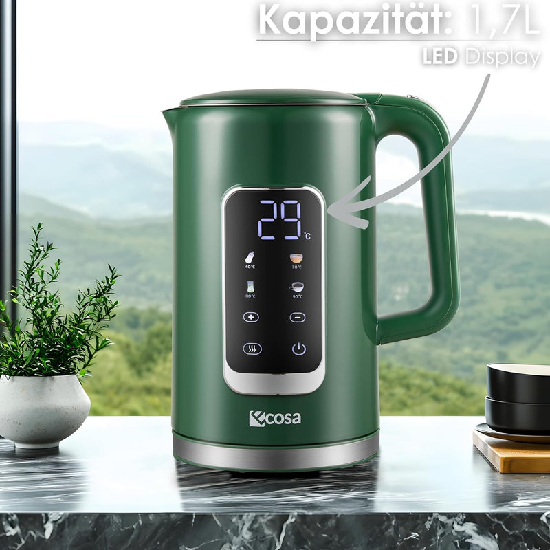 Wasserkocher Edelstahl mit Temperatureinstellung (40°C-100°C) 1,7 Liter 2200 Watt Teekocher 100% BPA