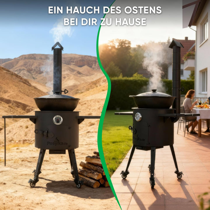 ZARENHOF Utschak Feuerofen Ø 40 cm + Gusseisen-Kasan 12 L | Boden flach | Gulaschkessel mit Kasanofe