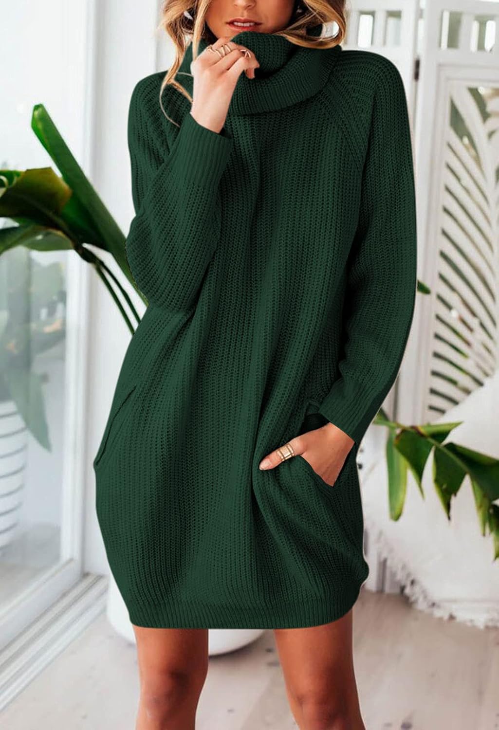 Viottiset Damen Langarm Oversize Grobstrick Pulloverkleid Mit Rollkragen 02 Dunkelgrün S, 02 Dunkelg