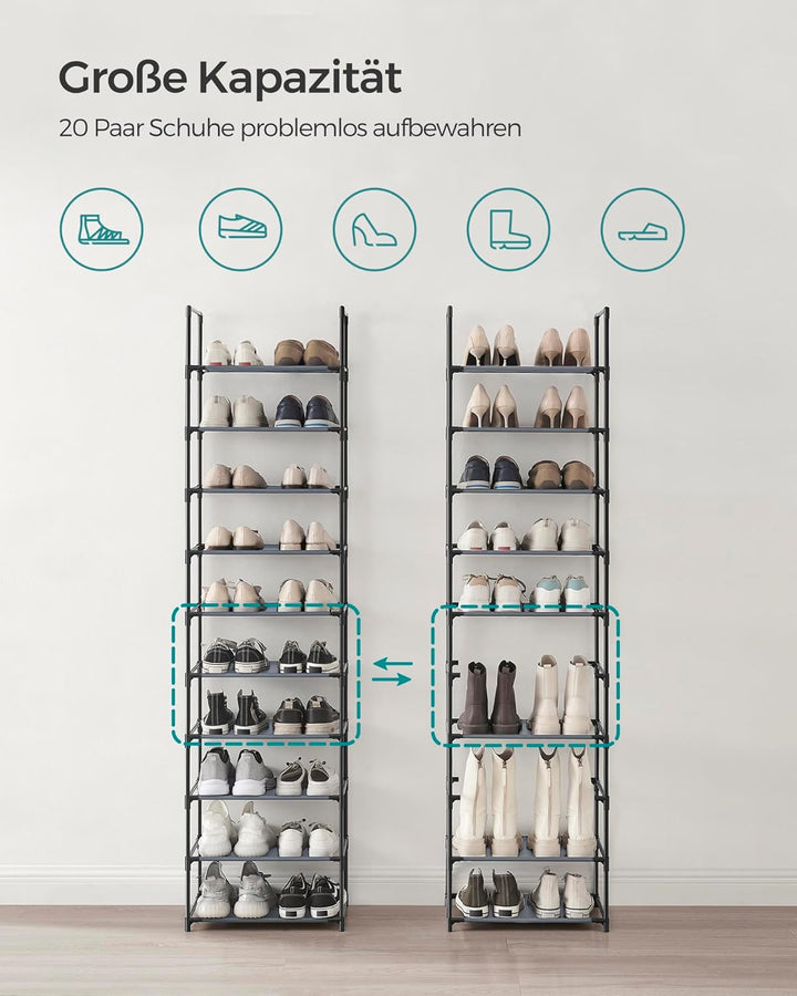 SONGMICS Schuhregal, 10 Ebenen, Schuhablage, Schuhaufbewahrung, schmal, 28 x 45 x 173 cm, Metallgest
